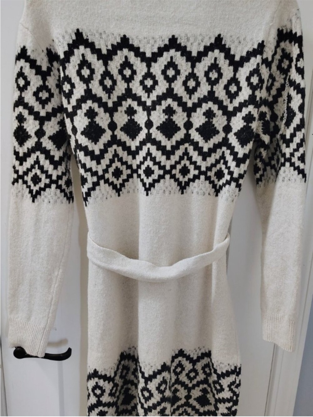 Lucky Brand Cream and Black Fair Isle Belted Knit Cardigan Dress - Picture 3 of 8